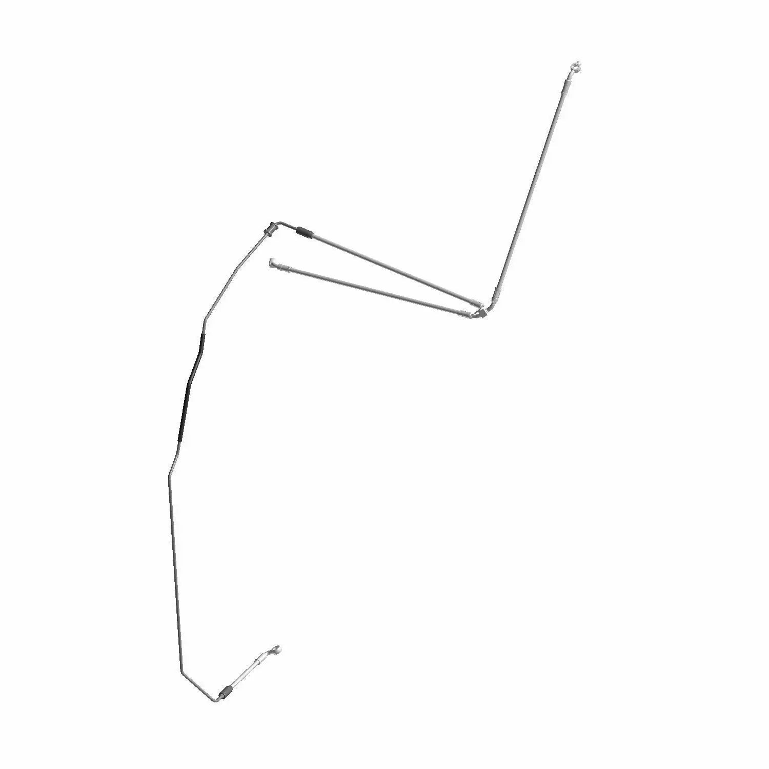 Long, slender brake line hose with metal fittings on both ends, designed for front motorcycle use.