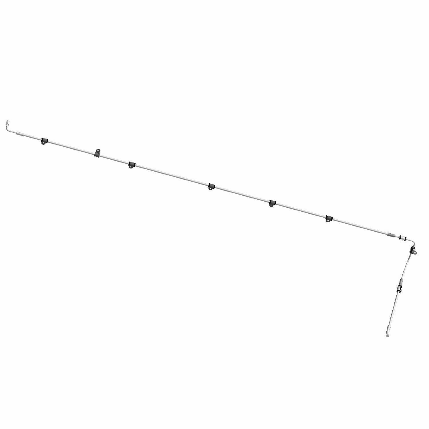 Long thin metal brake line with multiple black mounting clips attached along its length and angled ends for fitting.