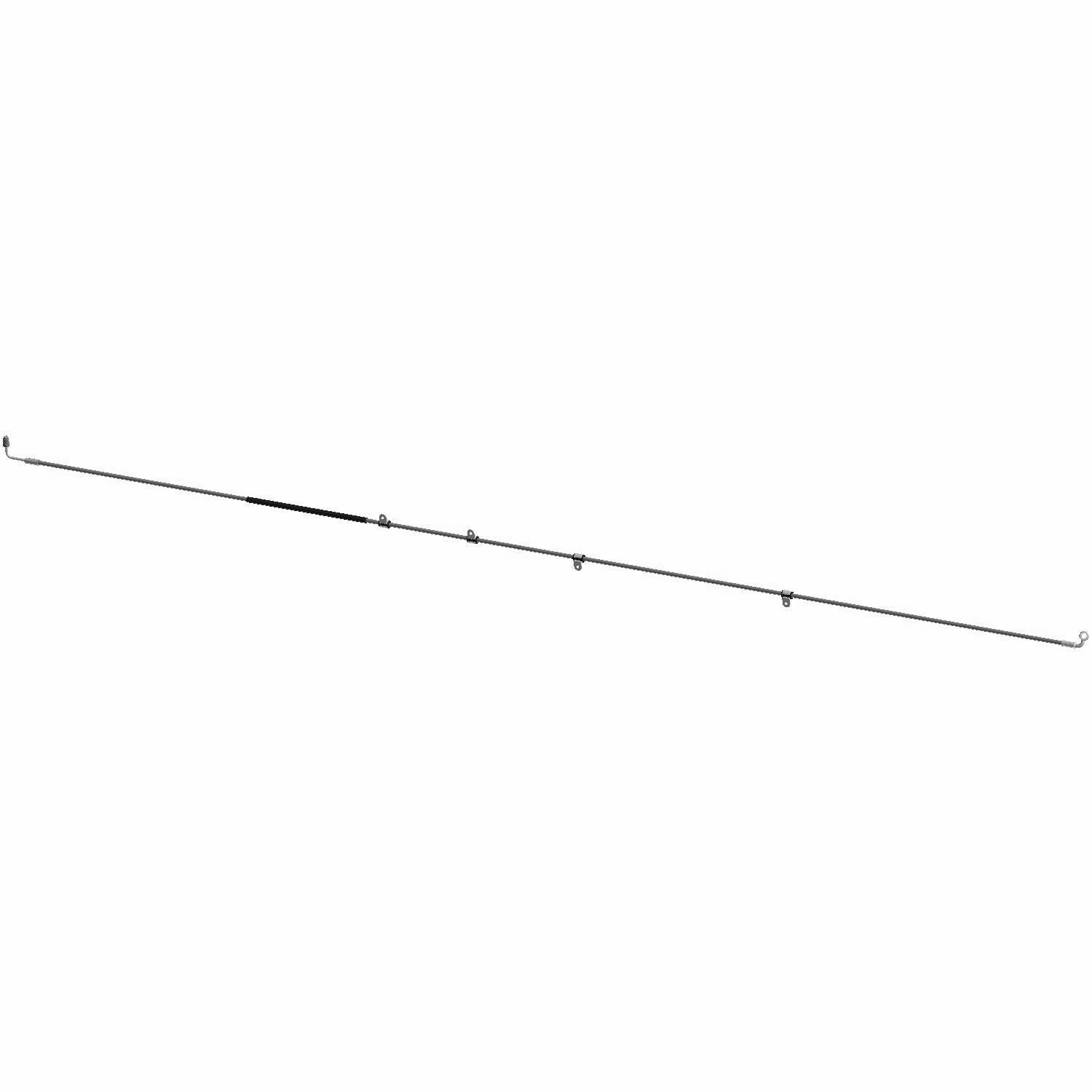 Long thin silver metal rear brake line with several mounting brackets spaced along its length.