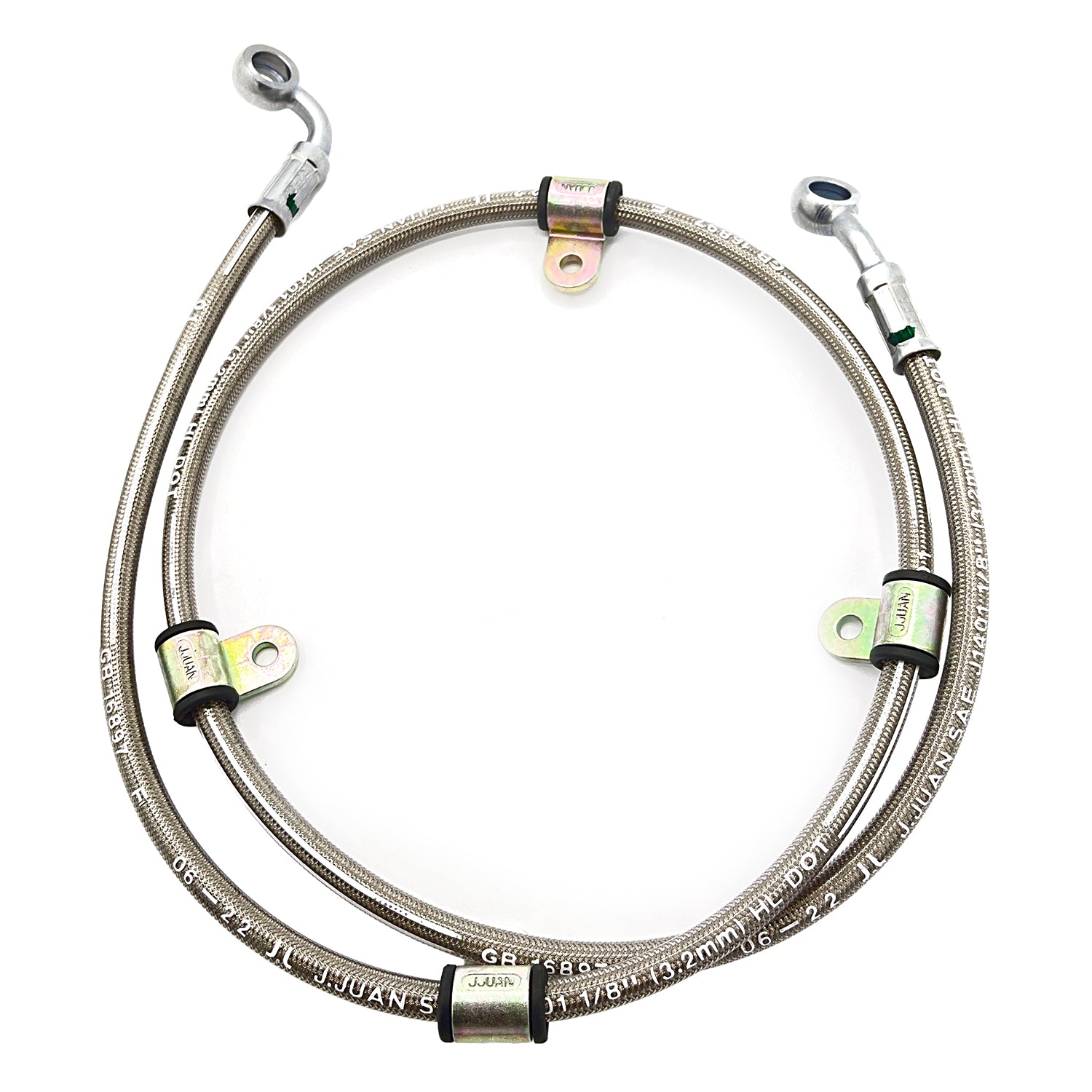 Braided steel front left brake line with silver metal fittings and three mounting brackets.
