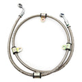 Braided steel front left brake line with silver metal fittings and three mounting brackets.