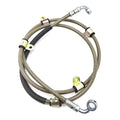 Braided front brake line with metal fittings and mounting brackets, designed for off-road vehicles.