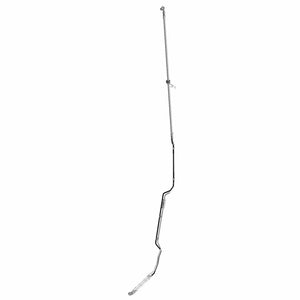 Black metal brake line hose with curved and angled sections for front ABS system, slim and elongated design.