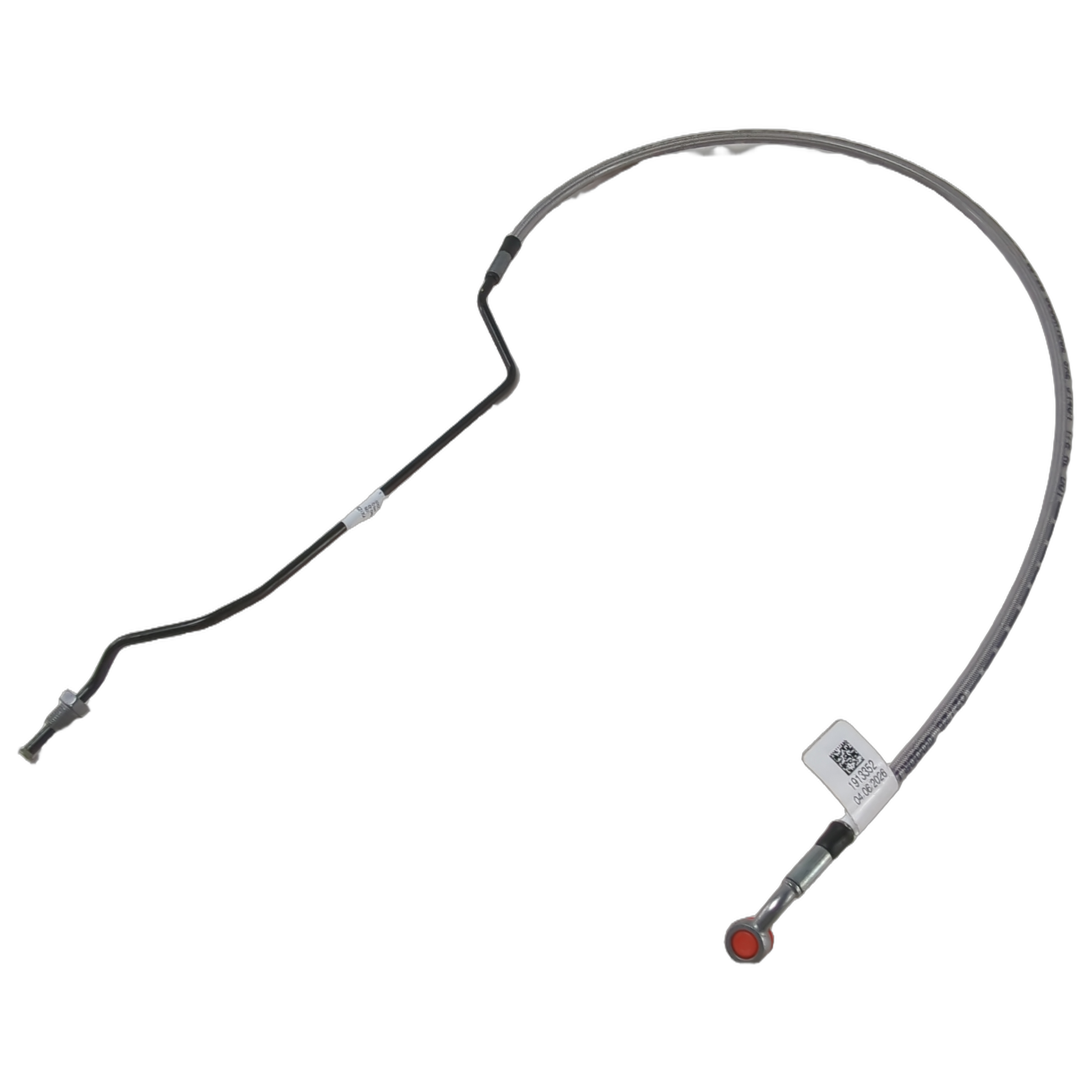 Black metal brake line hose with curved design and silver connectors on both ends, labeled with a white tag.