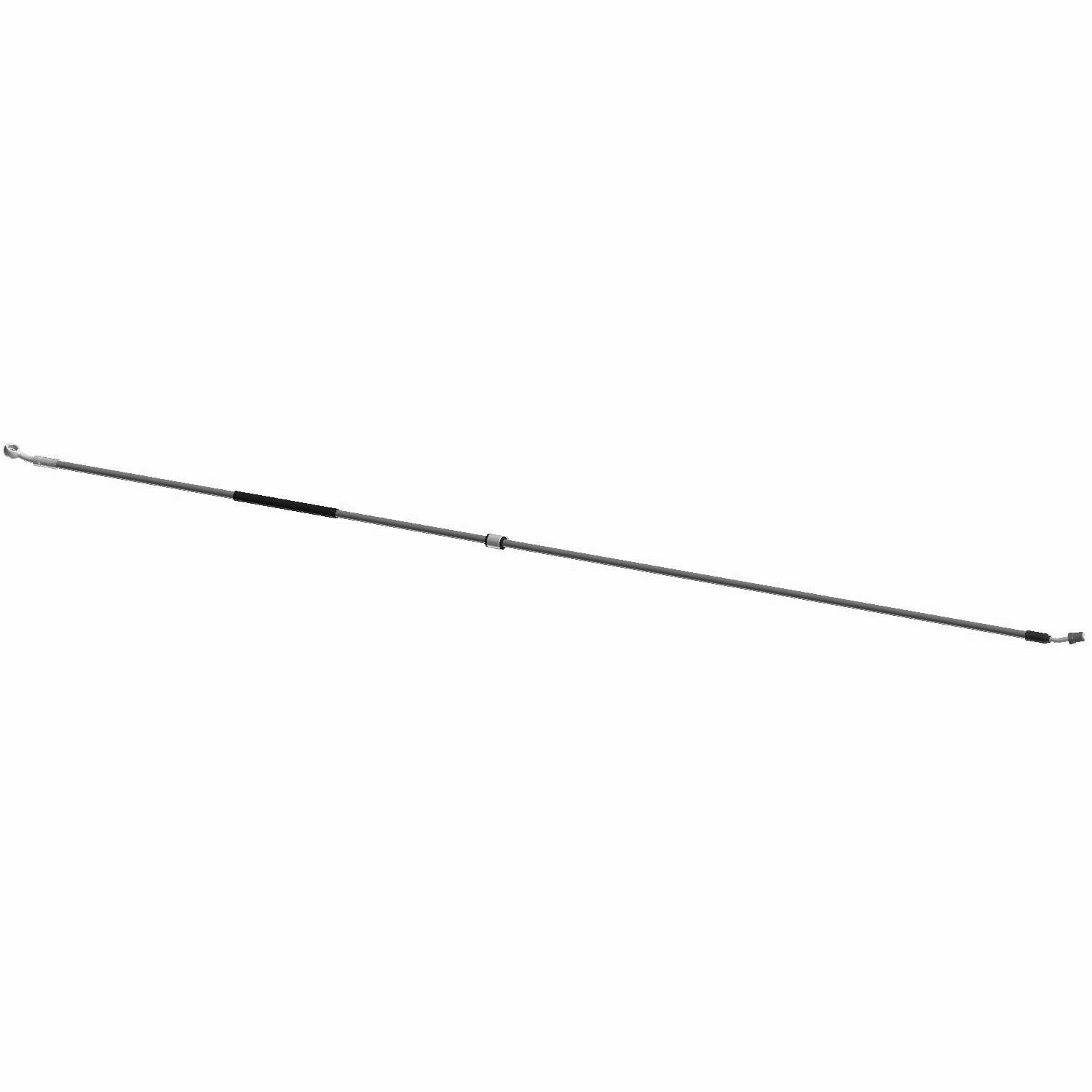 Long thin metal brake line with black protective sleeve and threaded fittings on both ends.