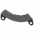 Curved black metal brake pad with perforated holes and mounting tabs on both ends.