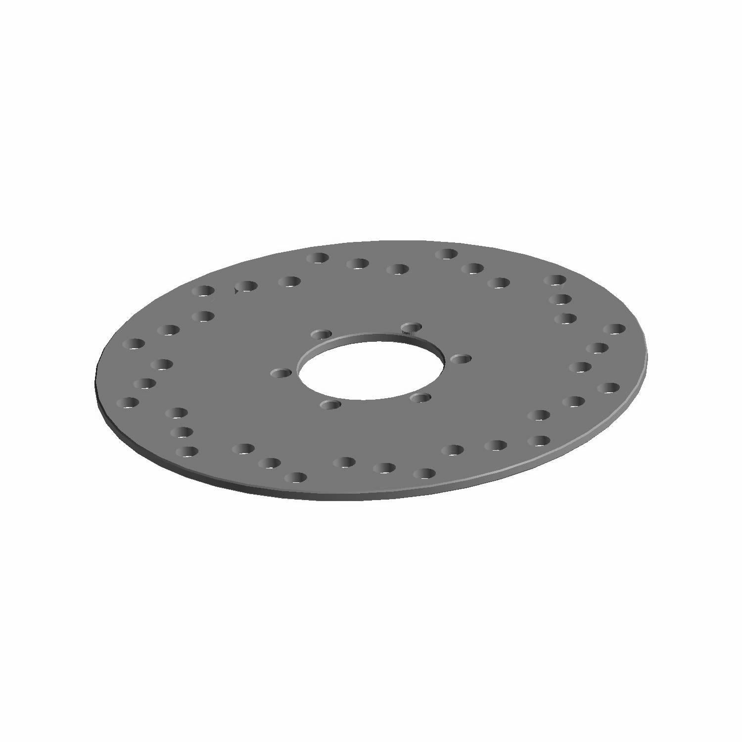 Round silver metal brake disc with multiple small perforations and central mounting hole.