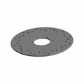 Round silver metal brake disc with multiple small perforations and central mounting hole.