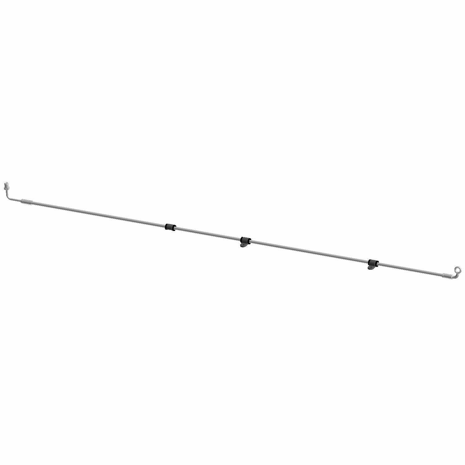 Long, thin metal brake line with three black mounting clips and bent ends for rear left fitment.