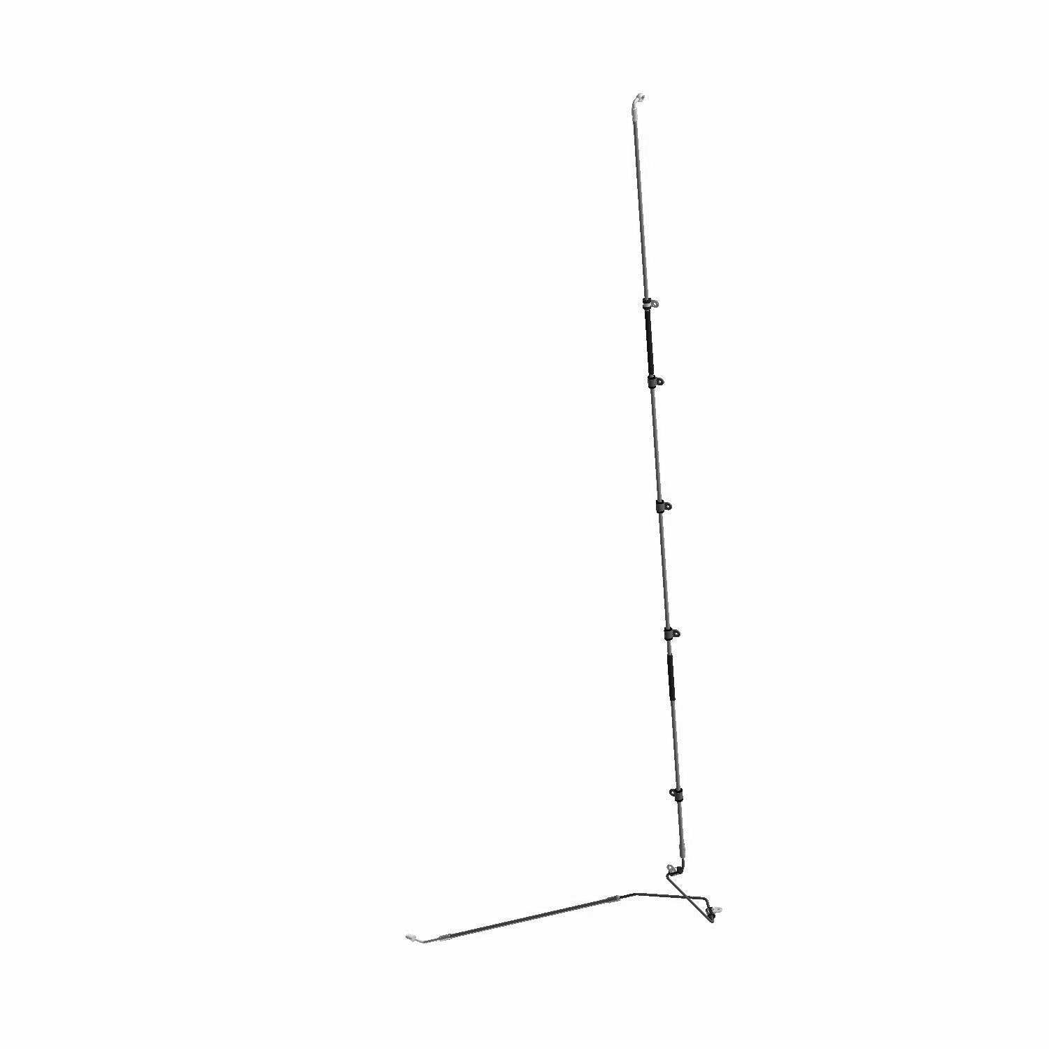 Black rear brake line with metal fittings and mounting brackets for offroad vehicle.