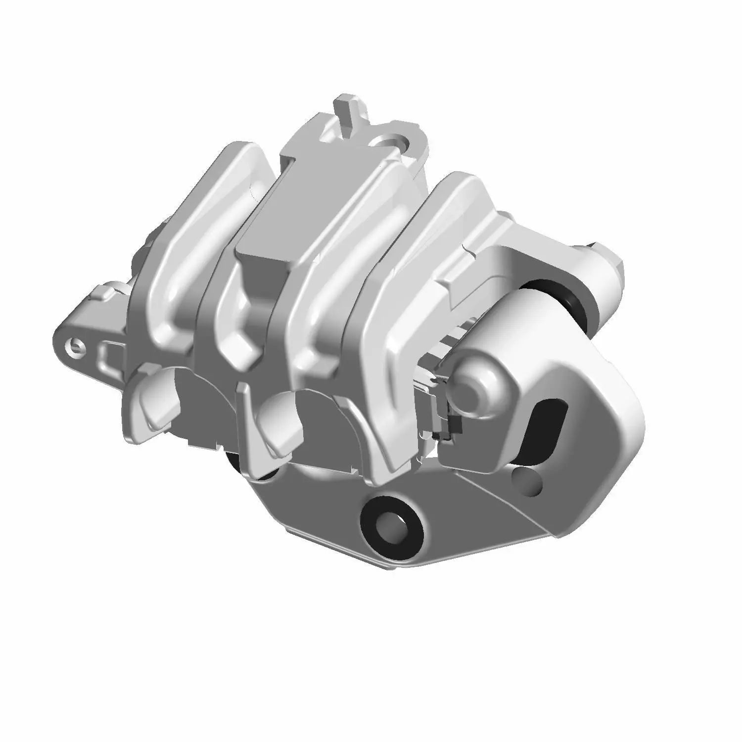 Matte black rear brake caliper with robust, angular design and integrated mounting points.