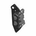 Glossy black metal front left brake caliper with mounting bracket and dual pistons.