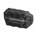 Black metal front brake caliper with mounting holes and integrated brake pad slots, left side design.