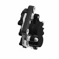 Black and silver front brake caliper with mounting points and polished metal accents.