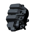 Matte black front brake caliper with compact, angular design and mounting points for Indian Scout motorcycles.