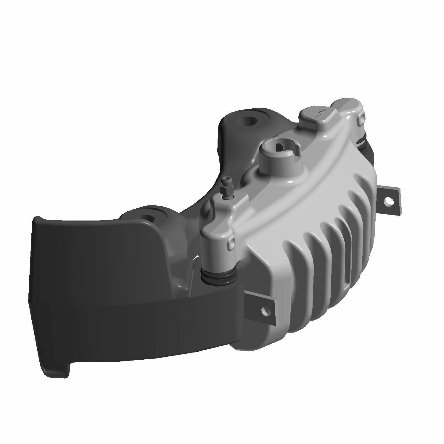 Gray metallic front 3-piston brake caliper with black protective cover and mounting brackets.