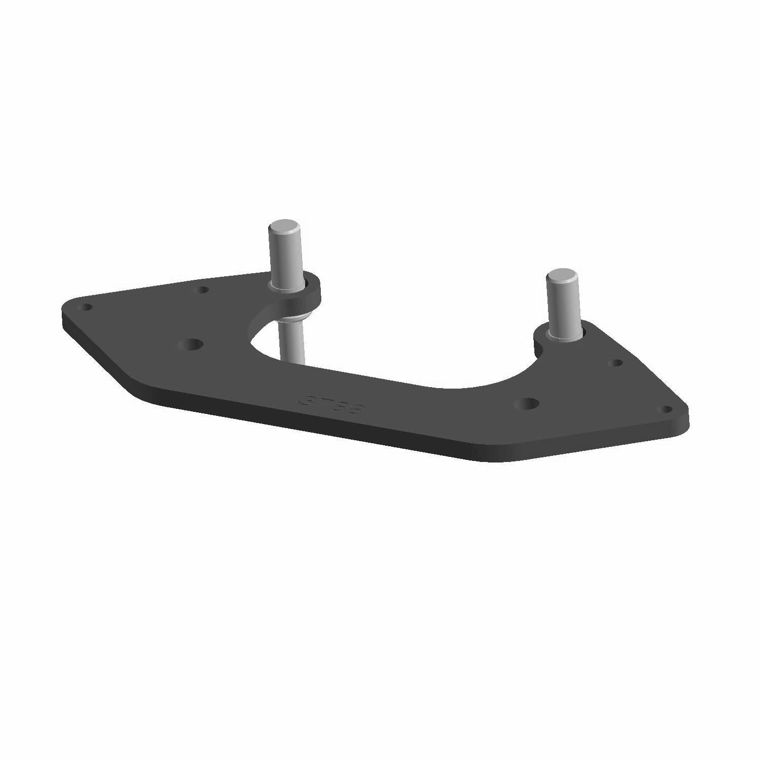 Black metal brake caliper mount plate with two cylindrical mounting studs and multiple bolt holes.
