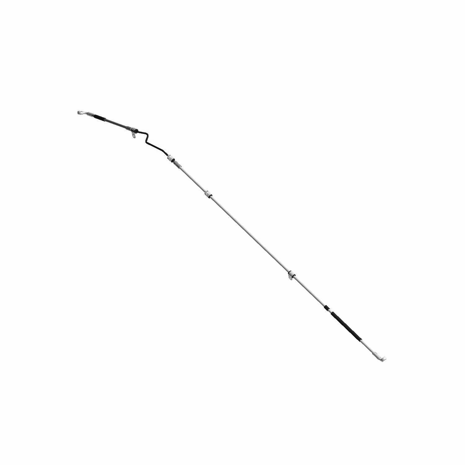 Black front brake line for Polaris, flexible tubing with metal fittings on each end.