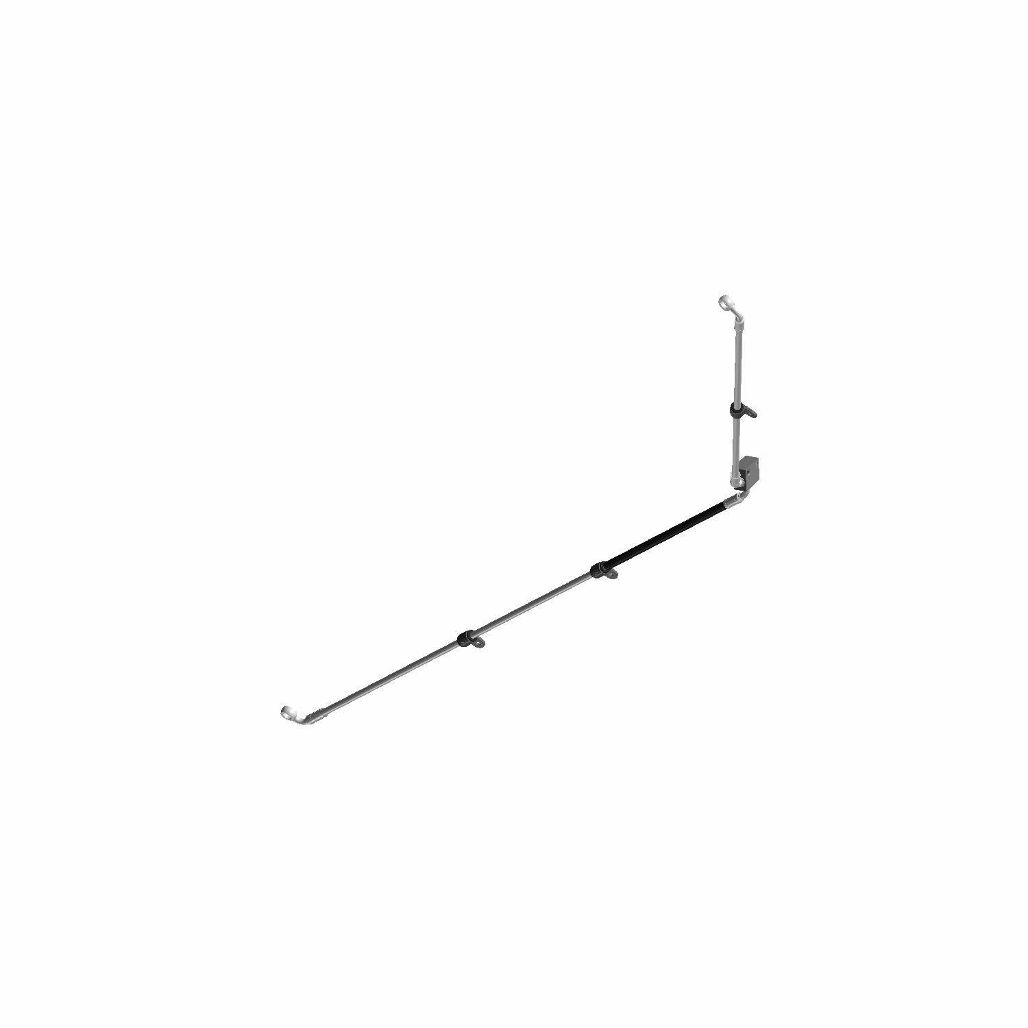 Black metal brake line with bent tubing and mounting brackets for rear left side installation.