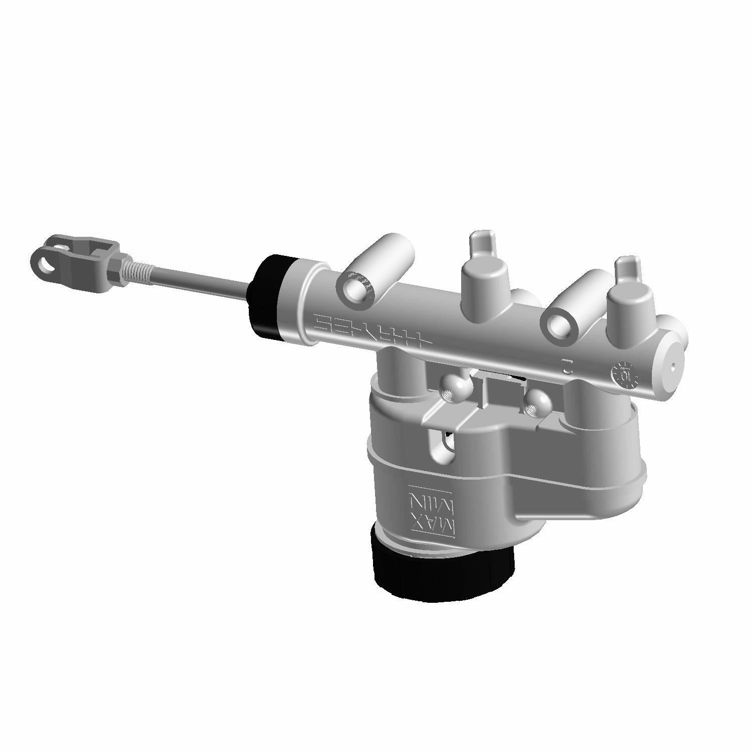 Silver metal master cylinder with black rubber cap and mounting bracket, featuring fluid level ports and piston rod assembly.