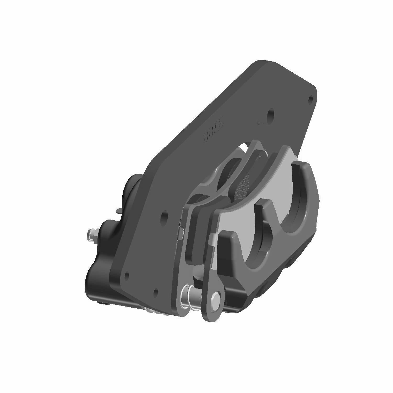 Matte black metal Polaris brake caliper with curved mounting bracket and bolt attachments.