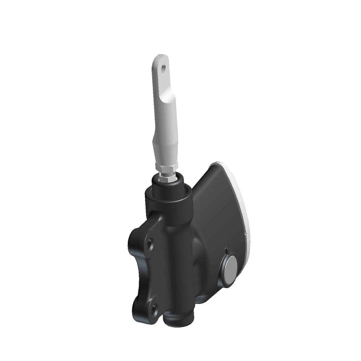 Black rear master cylinder with silver mounting arm and cylindrical reservoir cap, compact design.