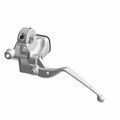 Black metal front motorcycle master cylinder with attached brake lever and mounting bracket.