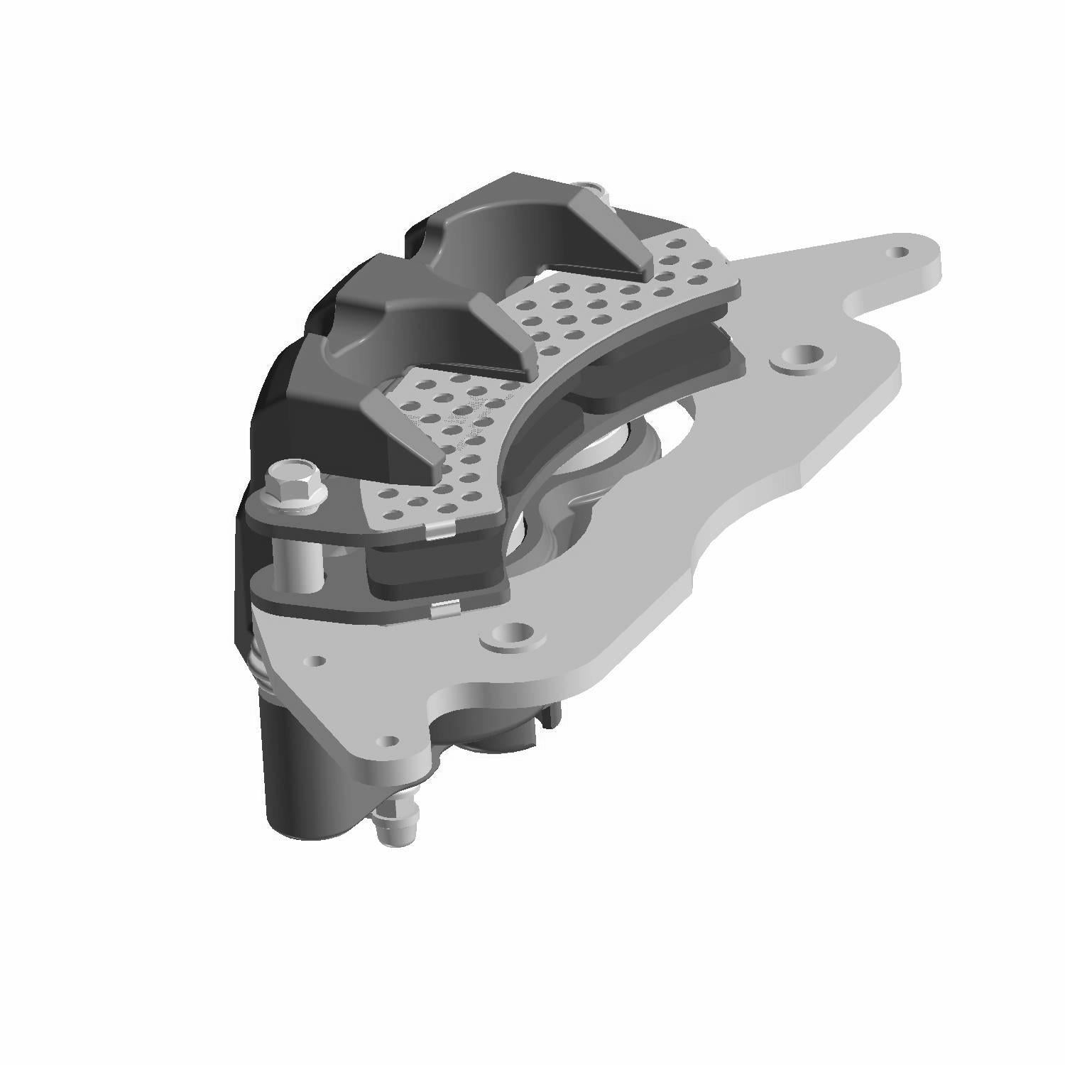 Gray and black steel front brake caliper with perforated design and mounting bracket.
