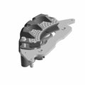 Gray and black steel front brake caliper with perforated design and mounting bracket.