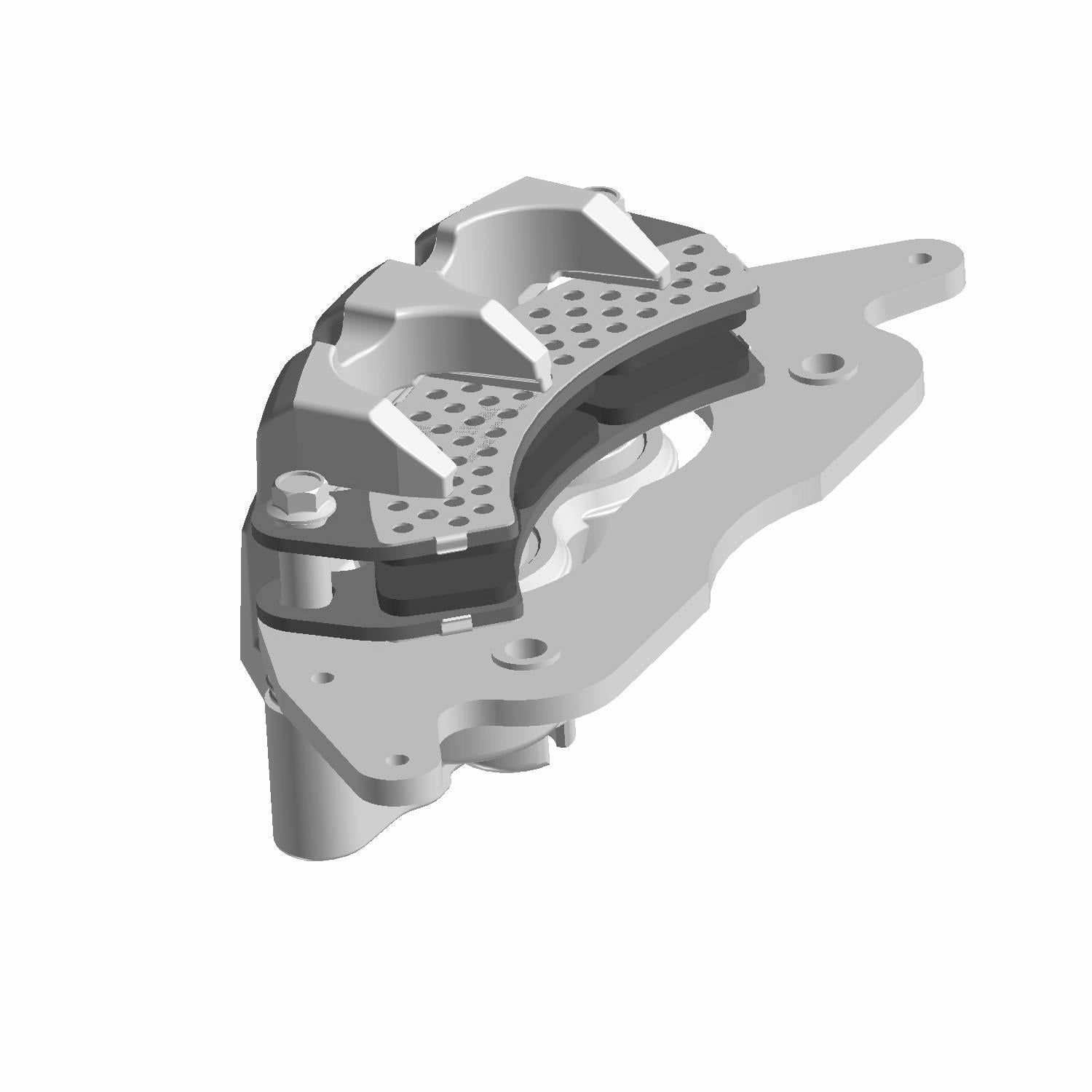 Silver metal front brake caliper with perforated details and mounting bracket.