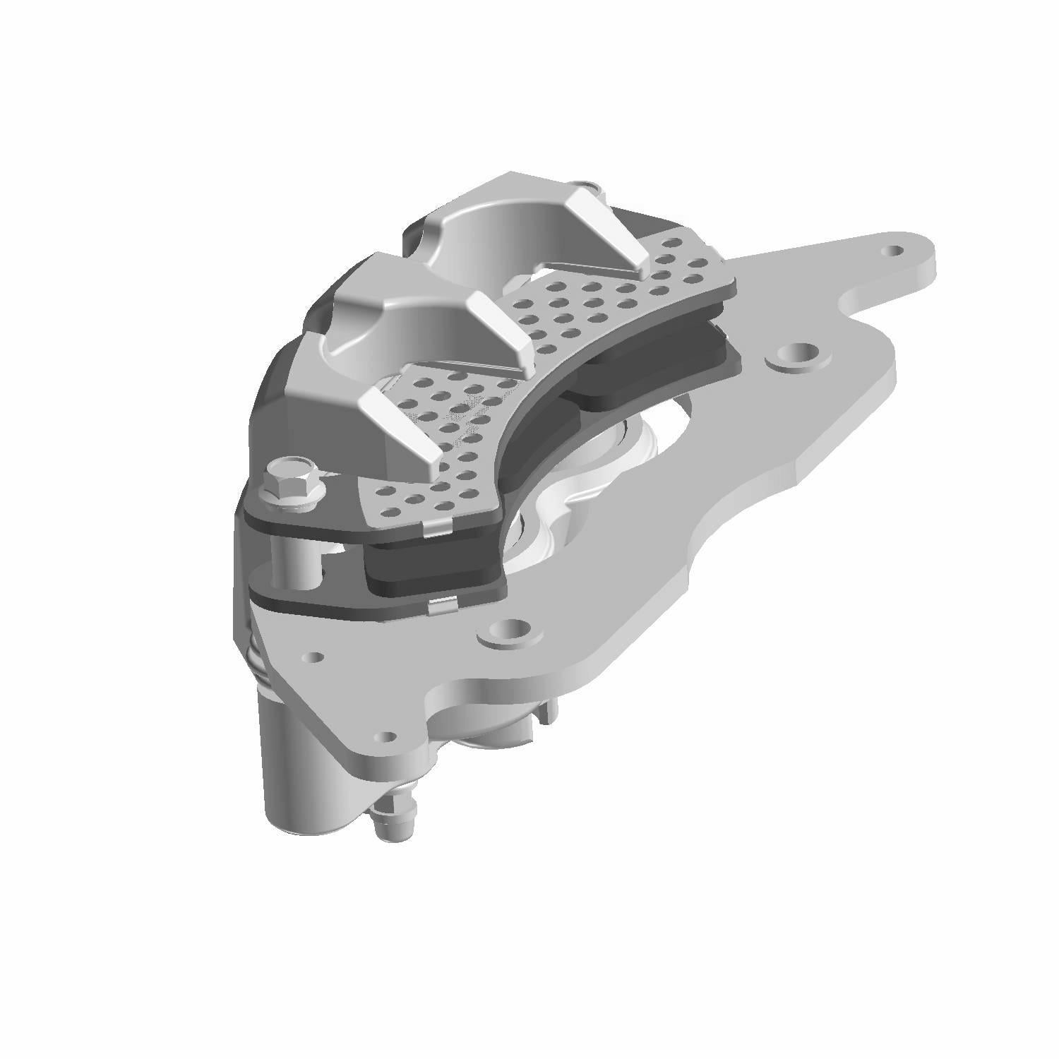 Silver metal front brake caliper with ventilated curved design and mounting points.