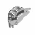 Silver metal front brake caliper with ventilated curved design and mounting points.