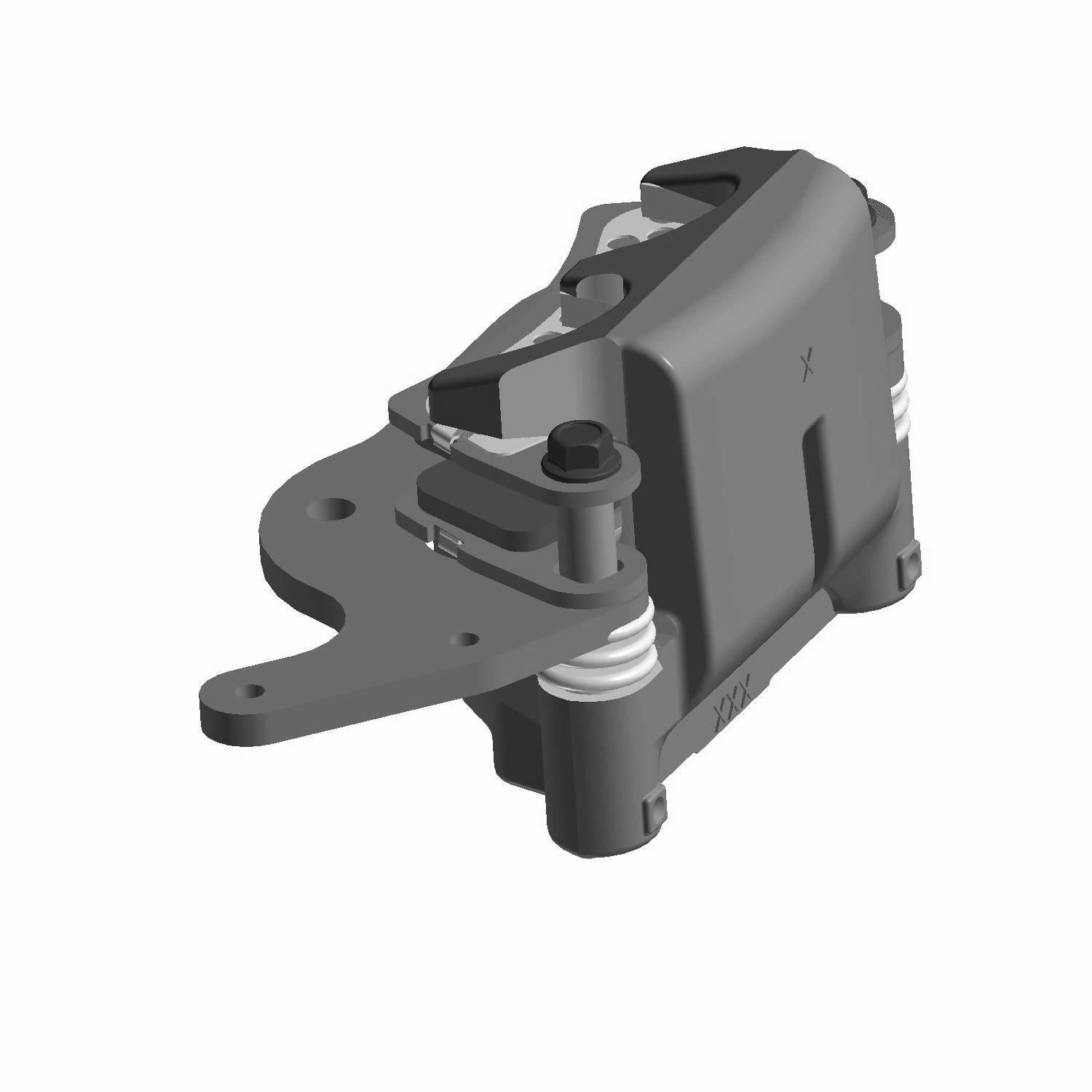 Black metal rear brake caliper with mounting bracket and piston assembly for left side use.