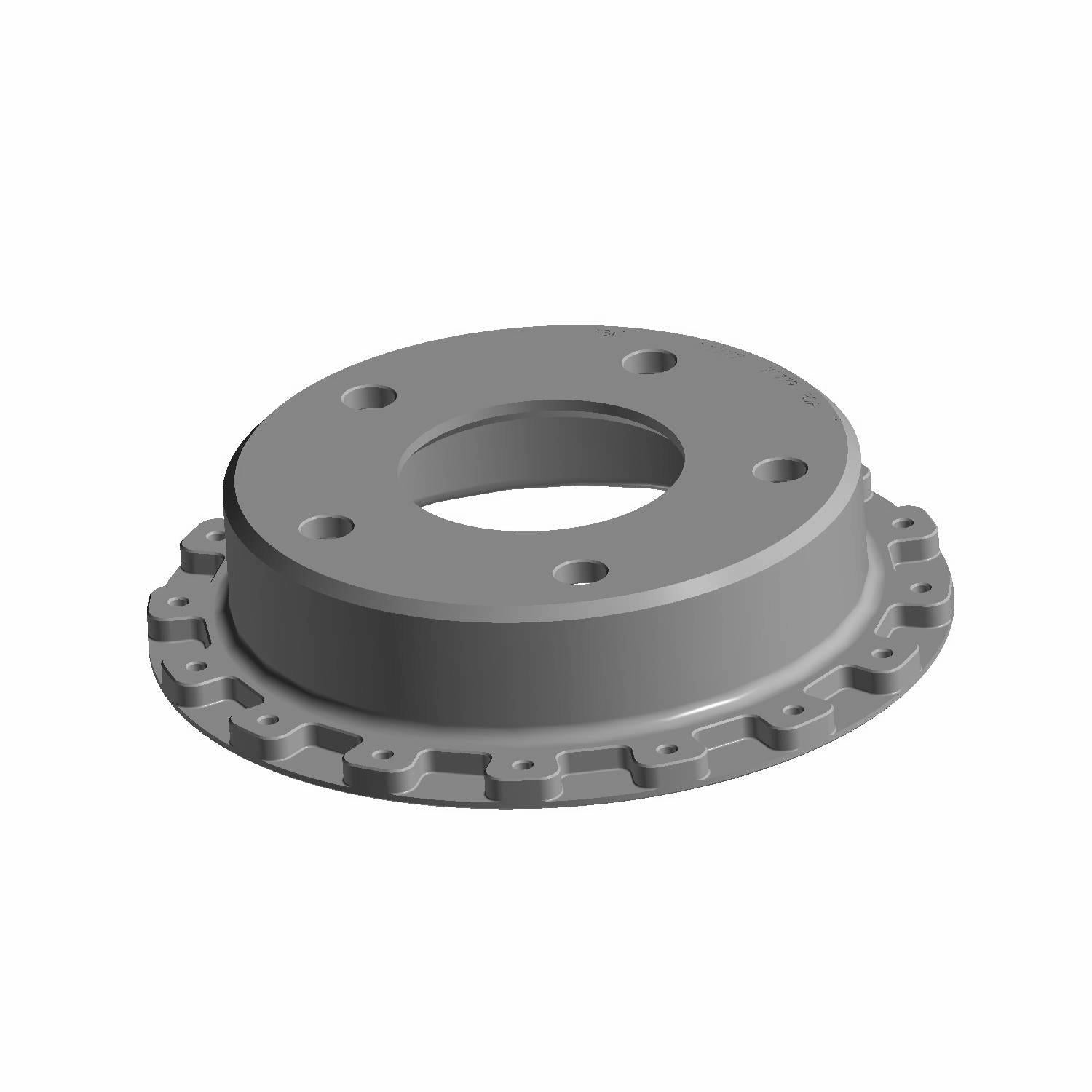 Gray metal circular brake front float hat with multiple bolt holes and a central opening.