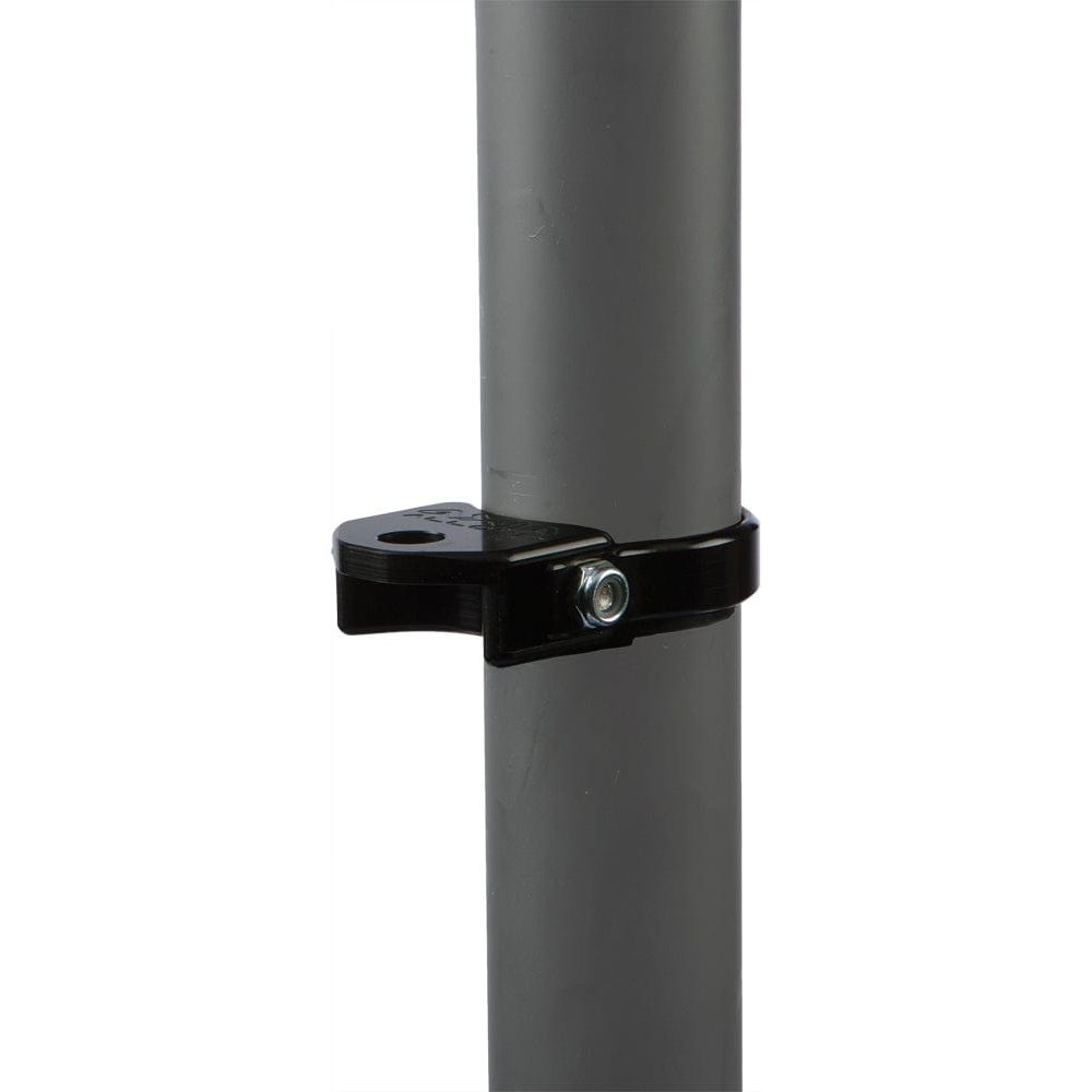 A close-up of the Vertical Roll Cage Mount 1.5" by Open Trail, shown in black and attached with a bolt to a vertical gray metal pole—perfect for mounting flags or vertical accessories.