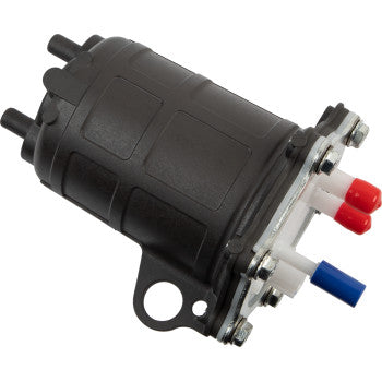 Black cylindrical Honda fuel pump module with three colored nozzles—two red, one blue—and metal mounting plate.