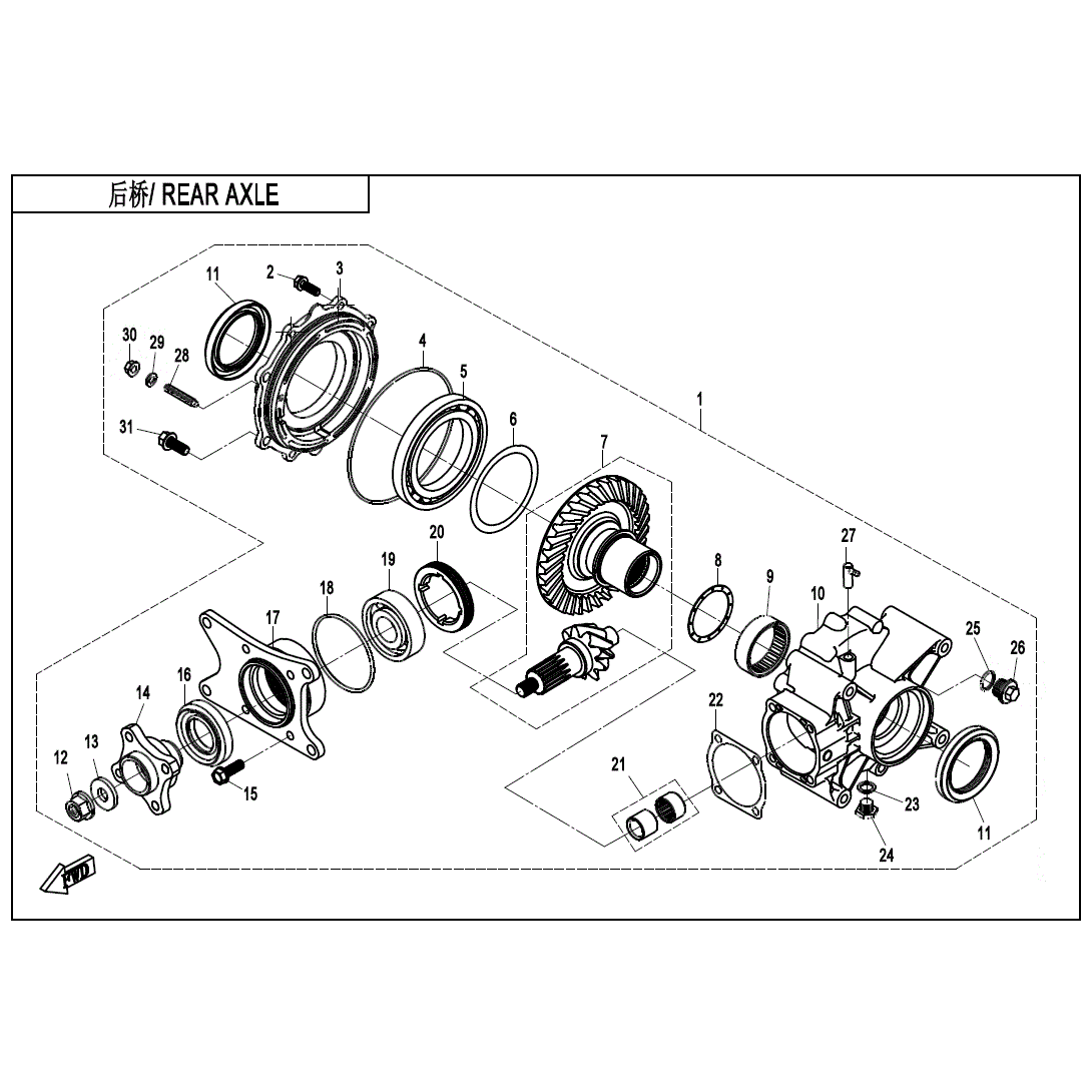 An Image of a genuine CFMOTO Parts Schematic Diagram showing the group - REAR AXLE - 2021 CFMOTO CFORCE 500 S
