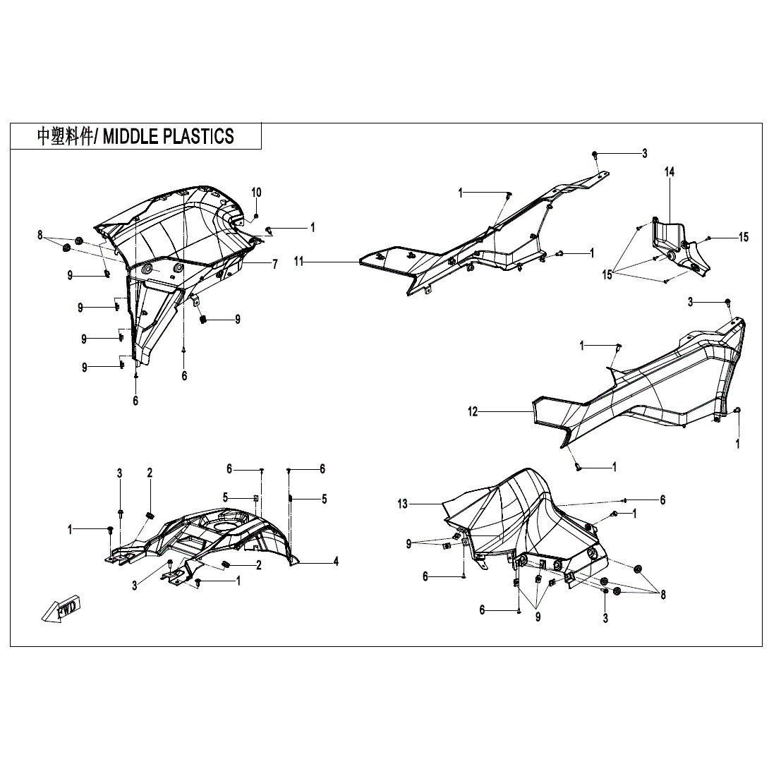 An Image of a genuine CFMOTO Parts Schematic Diagram showing the group - MIDDLE PLASTICS(2) - 2020 CFMOTO CFORCE 600 Touring