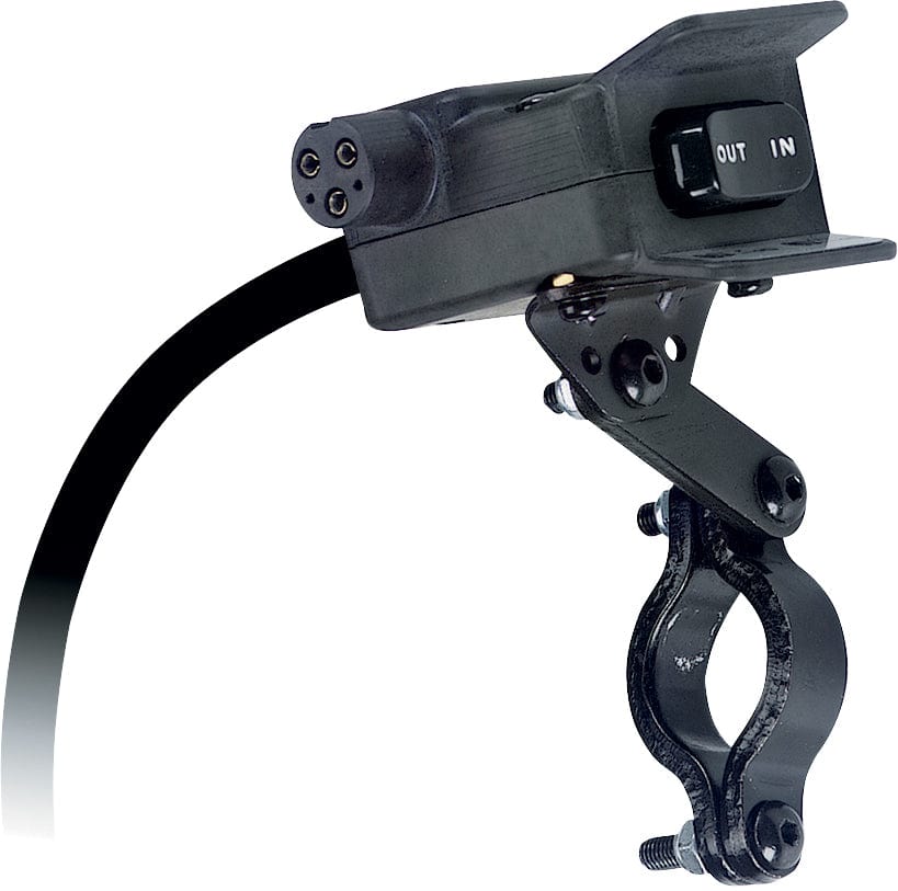 The Mini Rocker Control Switch W/ Hand Remote by Warn is a black electric switch with “IN” and “OUT” buttons, mounted on a metal bracket with a clamp and side cable.