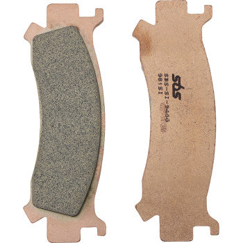 Two Off Road Sintered Brake Pads by Sbs are displayed side by side—one shows the high-performance sintered friction surface, while the other reveals the plain metal backing with product details.