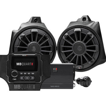 The Honda Audio Kit by MB Quart includes two round black speakers with titanium dome tweeters, a compact digital receiver with display and buttons, an amplifier, and a wired control knob—all on a white background.