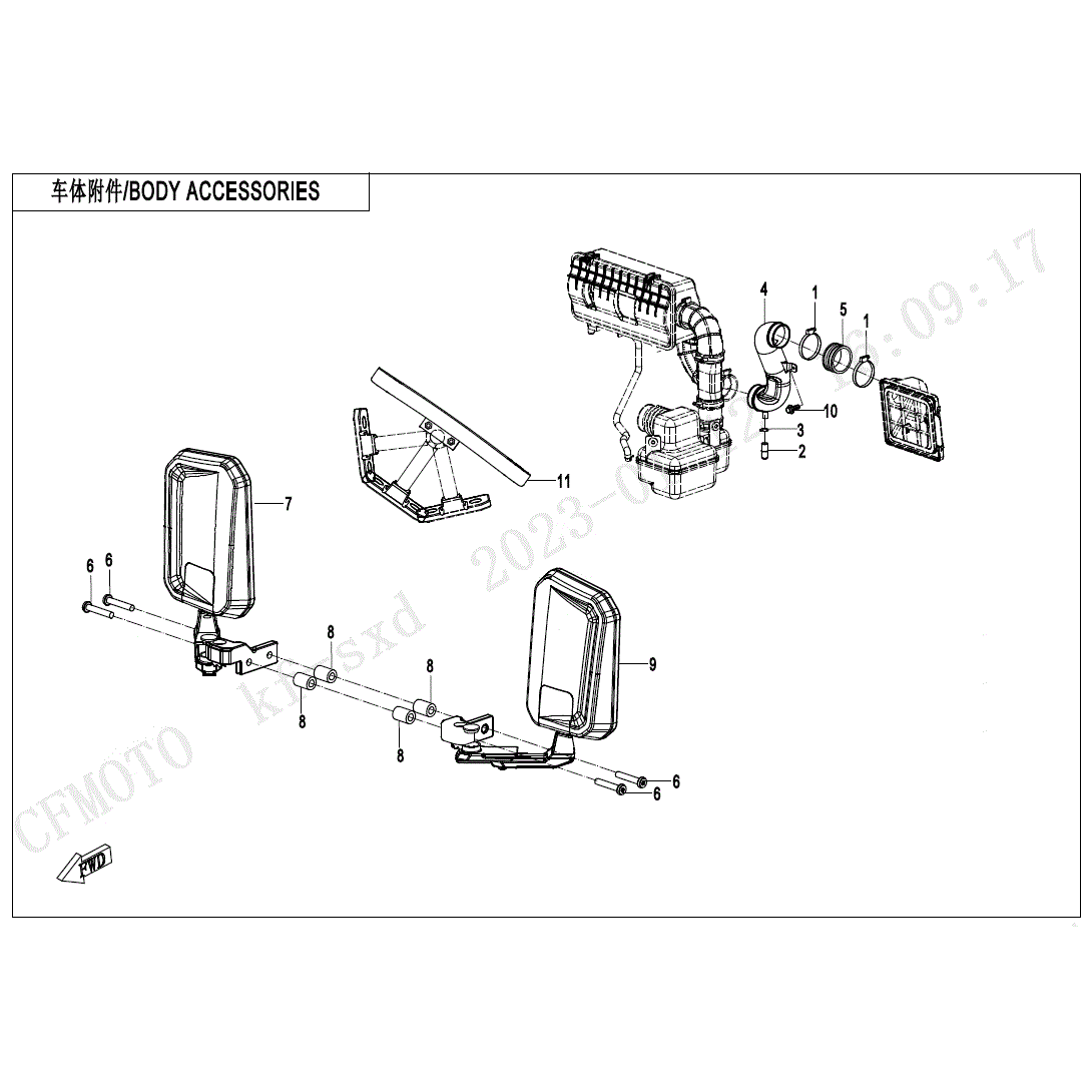 An Image of a Genuine CFMOTO Parts Schematic Diagram showing the schematic - BODY ACCESSORIES - 2024 CFMOTO UFORCE 1000