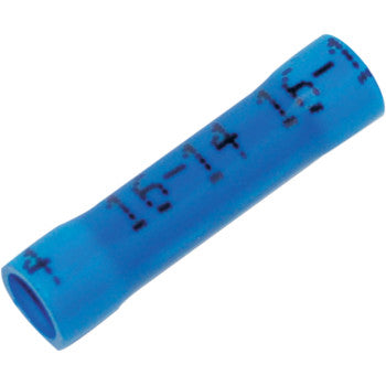 The Butt Splices 14 16 Gauge 25PK by Namz are blue insulated connectors with black gauge markings, designed to securely join two electrical wires and provide a watertight seal. Made in the USA.