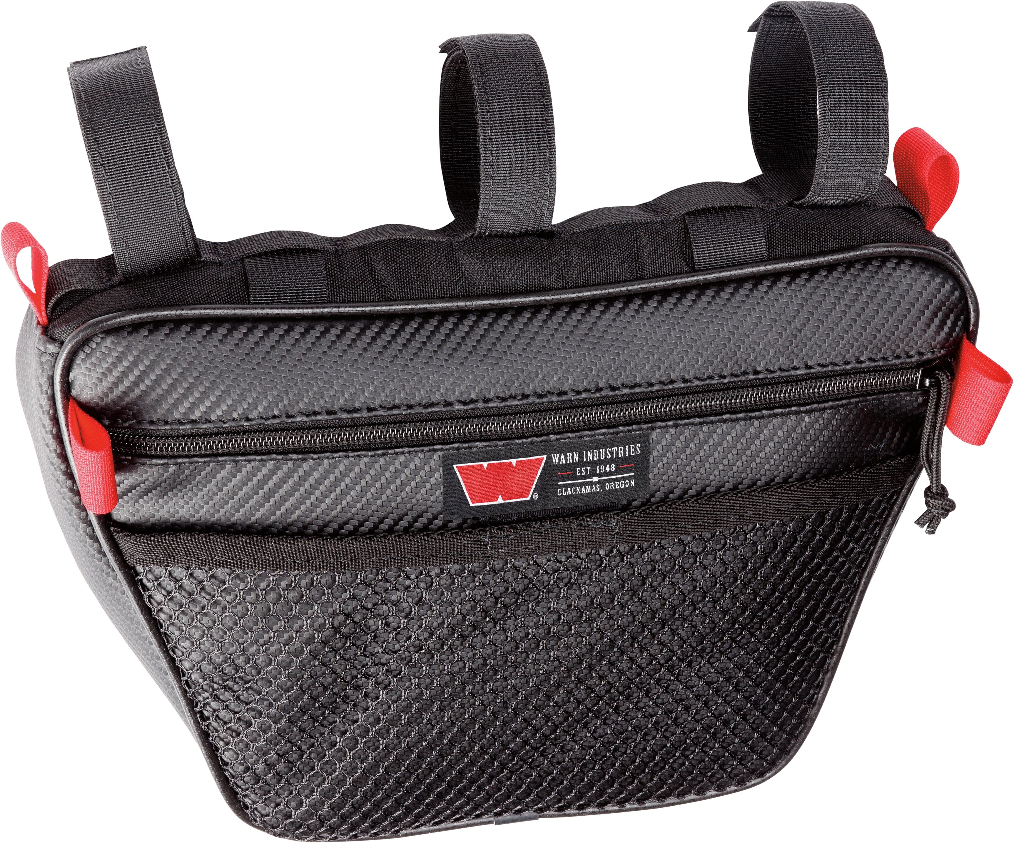 The Ful Size Passenger Grab Handle Bag by Warn is a black, textured bag with water-resistant design, heavy-duty front zipper, mesh panel, red pull tabs, three black attachment straps for bike frames, and a small red and white logo on the front.