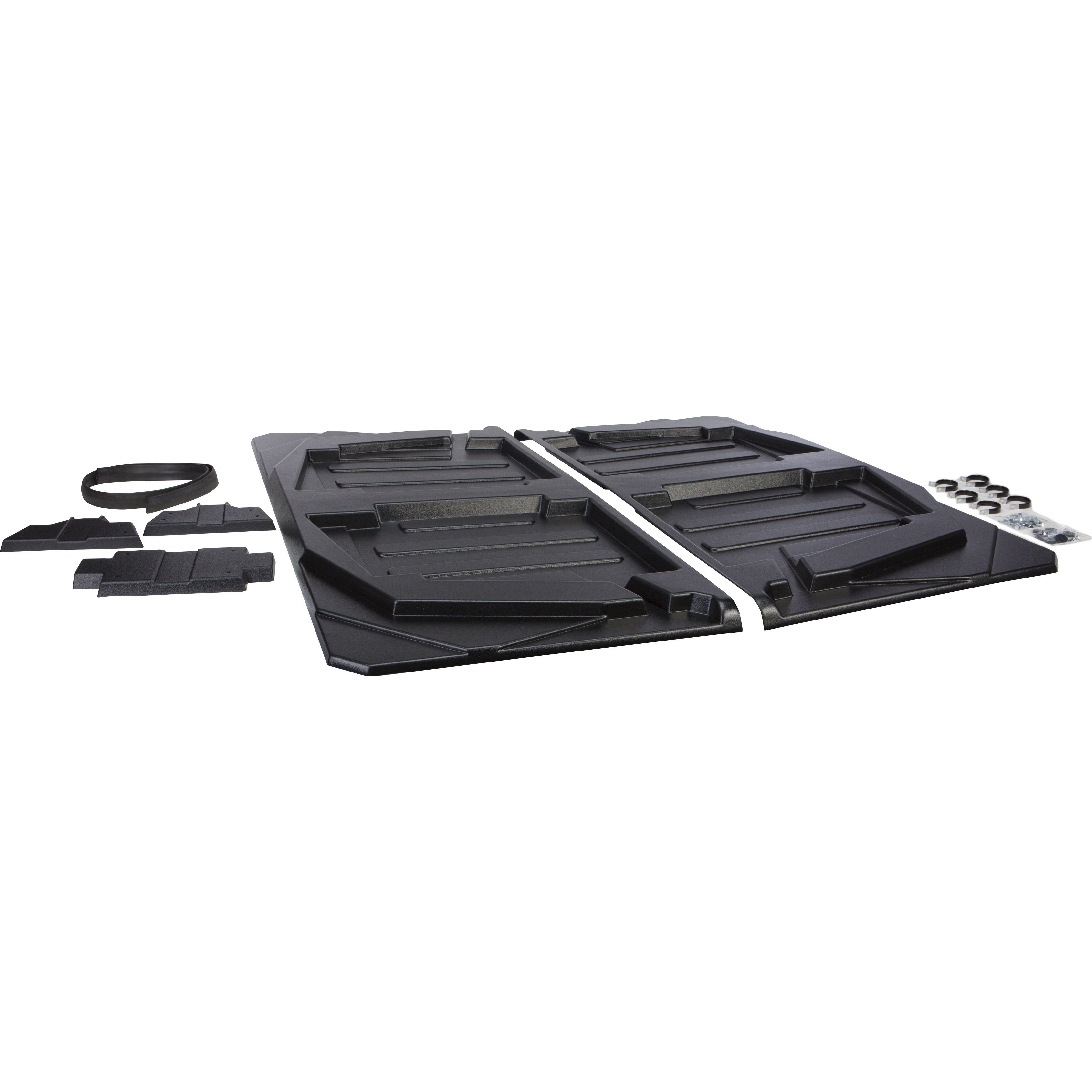The Polaris Ranger Crew UTV Molded Roof by Open Trail is shown in black with UV-resistant, grooved panels. Smaller black components, a strap, and hardware—including galvanized steel clamps—are displayed nearby on a white background.