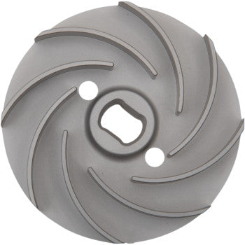 The Polaris RZR Impeller by Quad Logic is a round, gray metal impeller with curved blades, two center holes, and durable billet construction—perfect for efficient fluid movement in pumps or machinery.
