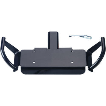 The Winch Carrier 2 4.0 by Warn is a black metal hitch mount with side handles, a rectangular platform, and hitch pin—compatible with Warn winch carrier systems and multi-mount receiver setups for added versatility.