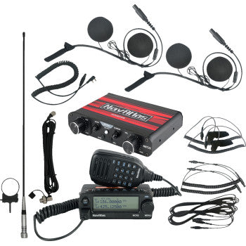 The Navatlas Intercom Radio and In Helmet Headset Kit 2 Seat Black includes a dual band radio, microphone, antenna, cables, noise-cancelling headset, speakers, and connectors—arranged neatly on a white background.