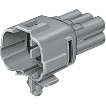 Gray plastic 6-position male electrical connector with rectangular shape and locking tab.