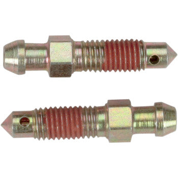 The Kawasaki Speed Bleeder 2 Pack by Goodridge includes two metal bleeder screws with hexagonal heads, threaded bodies, small side holes, and red thread sealant applied to the threads.
